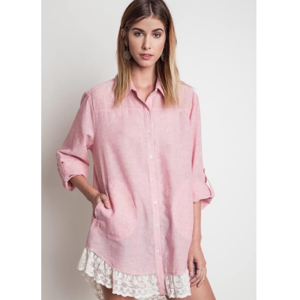 🆕Stripped Button Up W/ Lace Trim Top